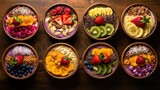 a colorful array of acai bowls decorated, generative ai