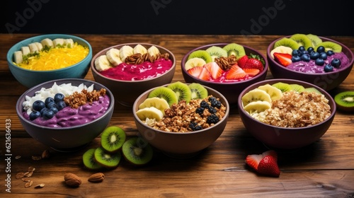 a colorful array of acai bowls decorated, generative ai