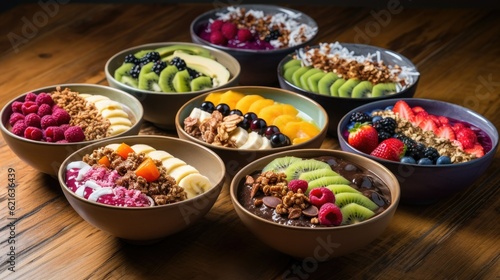 a colorful array of acai bowls decorated generative ai