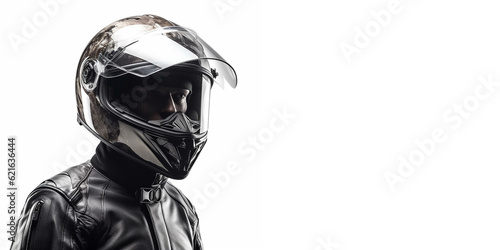 Portrait of a motorcyclist in a matching suit and helmet, close-up and against an isolated white background. Generative AI photo