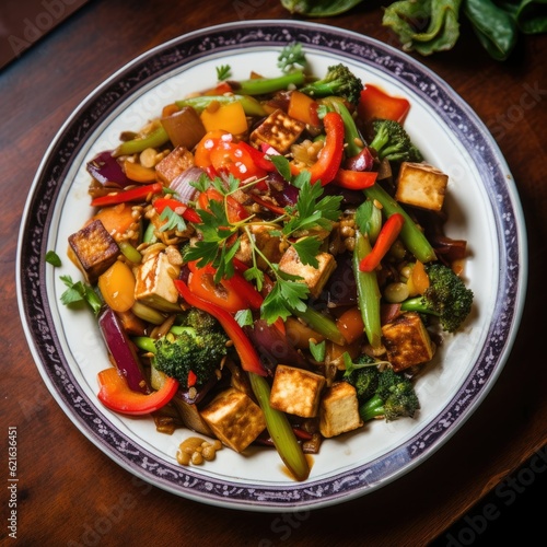 a colorful stir-fry dish with tofu and a variety of vegetables, generative ai