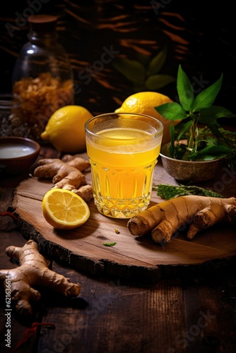 lemon water with ginger and turmeric shot in a rustic atmosphere, generative ai photo