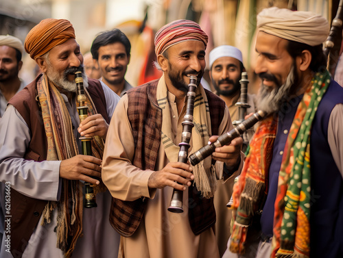 Group of adult Afghan men playing flute in the street