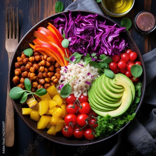 a vibrant flat-lay of a vegan buddha bowl filled with fresh vegetables  generative ai