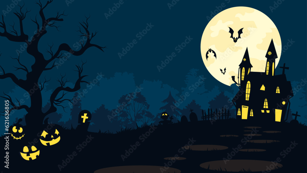 Halloween night background, flat vector illustration