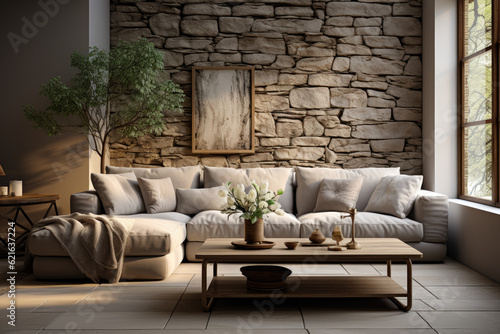 Positioned in front of a natural stone wall, a light grey sofa in the living room is adorned with pillows, creating an inviting and serene atmosphere. Generative Ai, Ai.