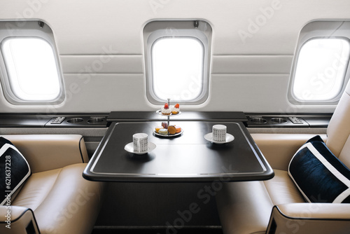 Business jet plane interior with leather comfortable seats. Private airplane transfer  © Moose