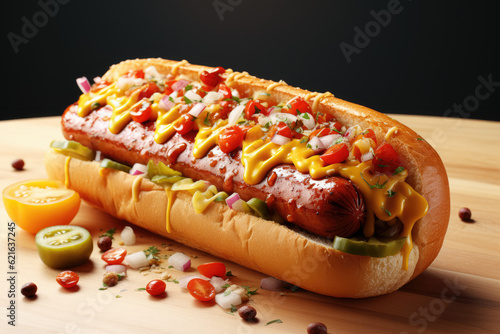 Indulge in the mouthwatering delight of a classic hot dog adorned with ketchup and mustard, presented in a 3D illustration digital art design that will make your taste buds tingle. Generative Ai, Ai.