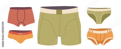 Men panties and trunks cartoon set, isolated underwear clothing of different types and shapes