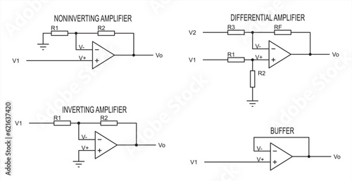 Vector drawing electrical circuit with operational amplifier and resistor. Schematic diagram of electronic device.