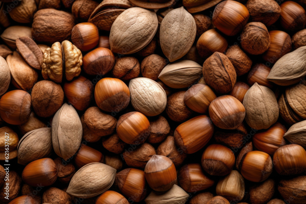 Natural background made from different kinds of nuts, top view. Generative AI Natural background made from different kinds of nuts, top view. Generative AI