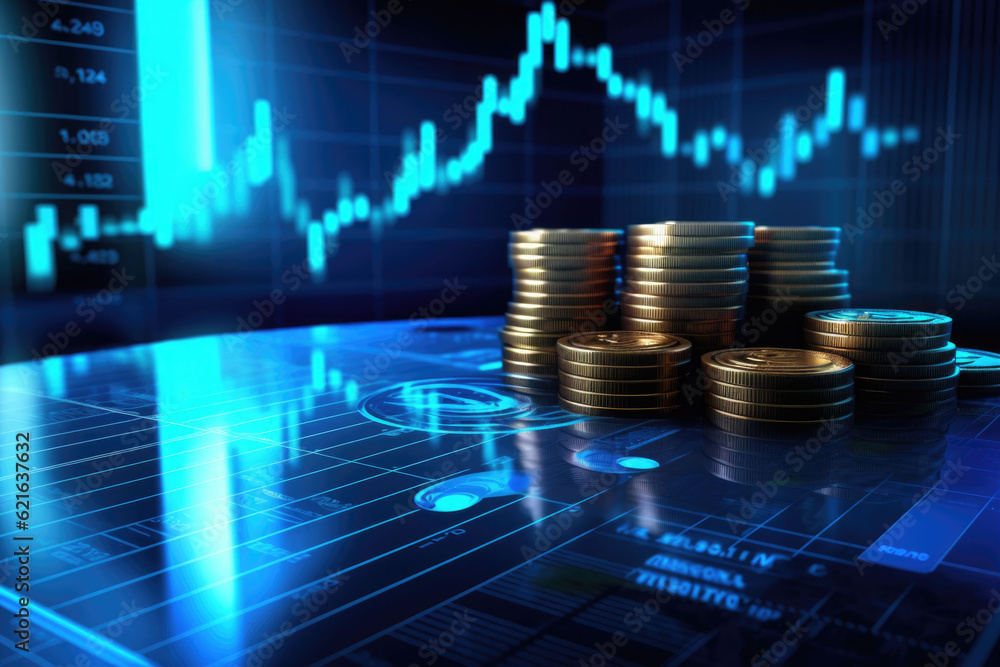 Coins background with a finance graph. Showcasing growth and success in the market. Generative AI Coins background with a finance graph. Showcasing growth and success in the market. Generative AI