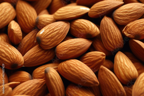 Roasted peeled almond nuts texture, top view. Almond nuts background. Generative AI