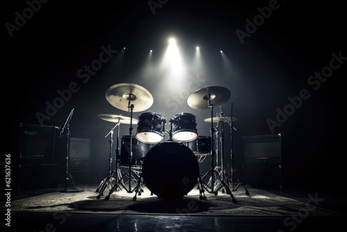 Drum set on stage for band with spot lighting spotlight, dark background. Generative AI