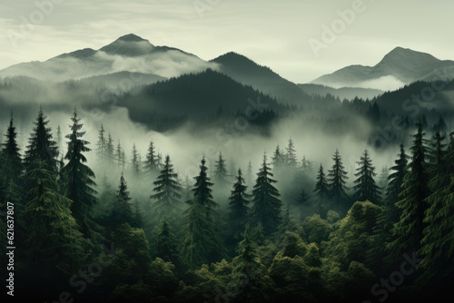 Misty landscape featuring a fir forest with a vintage retro hipster style. Generative Ai  Ai.