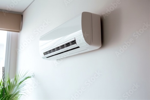 air conditioner on white wall room interior background. Generative AI  © Margo_Alexa