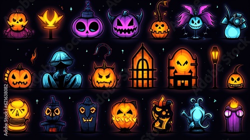 Neon collection of halloween symbols with icons.Generative AI © DZMITRY