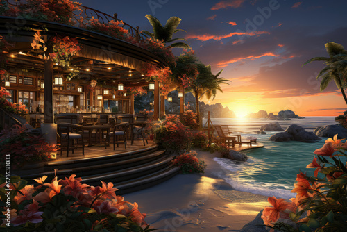Luxurious tropical beach resort during sunset, adorned with enticing summer cocktails. Symbolizing youth and summer vacation. Generative Ai.