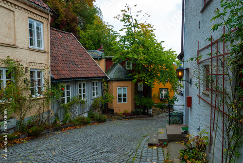 Wooden colorful small houses on Damstredet Street in Oslo, Norway
