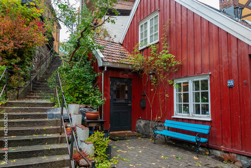 Wooden colorful small houses on Damstredet Street in Oslo, Norway