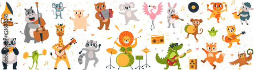 Cartoon musical dancing animals with music instruments. Funny wild animal, raccoon and lion. Musicians and dancers, classy festival vector characters © LadadikArt