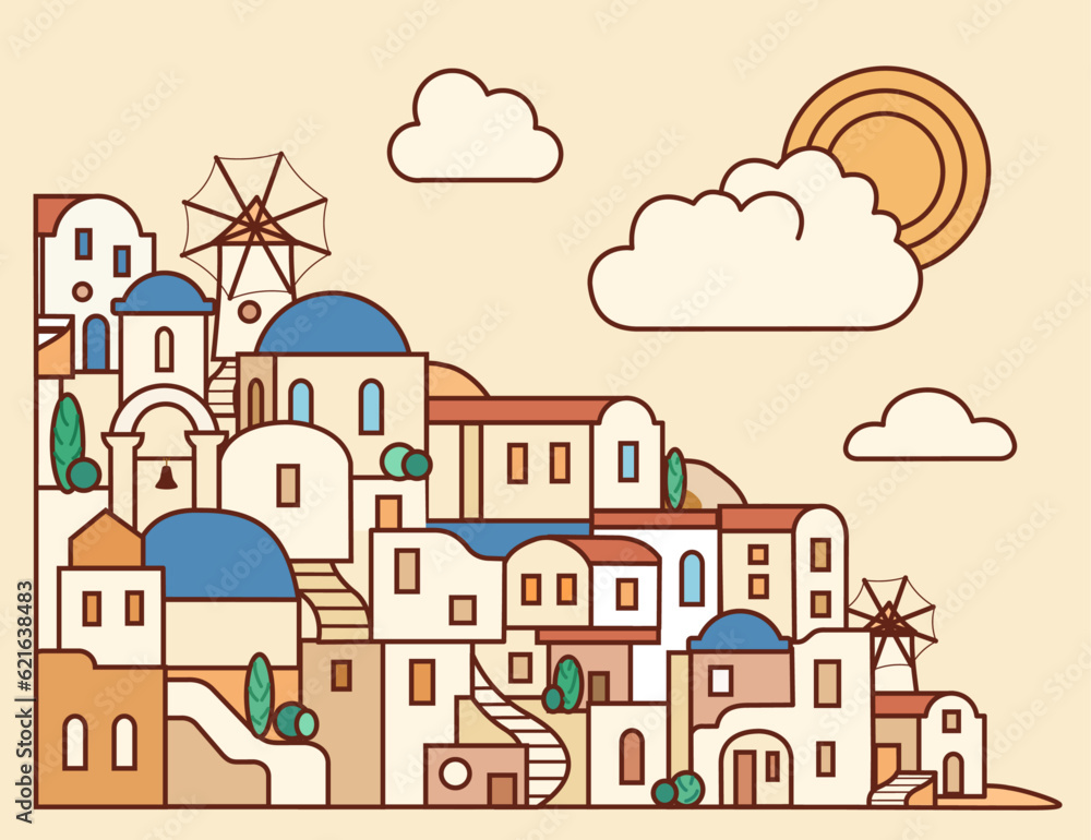 Santorini island, Greece. Beautiful traditional white architecture and blue domed Greek Orthodox churches over the caldera. Vector flat illustration in doodle style.