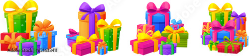 Gift boxes piles, present boxes mountains. Christmas gifting containers, birthday surprise. Holiday xmas cartoon stacks, nowaday vector clipart