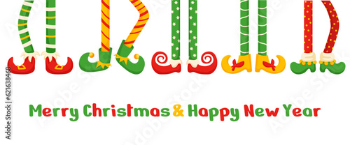 Christmas elf foot congratulation banner. Dwarf legs dancing in stripes bright socks and pants. Cartoon xmas holidays, nowaday vector party graphic