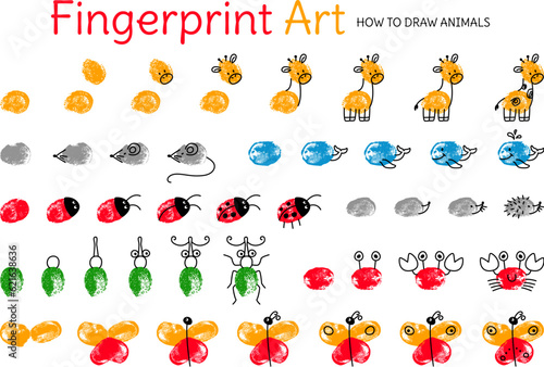 Fingerprint animal painted game, how to draw animals with fingers. Nursery activity, elementary school educational. Children art classy vector graphic