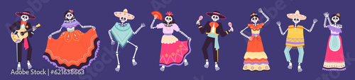 Dancing skeletons characters, skeleton mexican dances. Mexican funny day of dead dancers, cartoon halloween skull and bones racy vector set