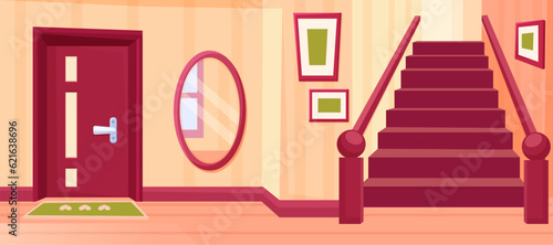 Cartoon house hallway, home hall with stair, mirror and pictures on wall. Apartment entrance, empty corridor area nowaday vector location