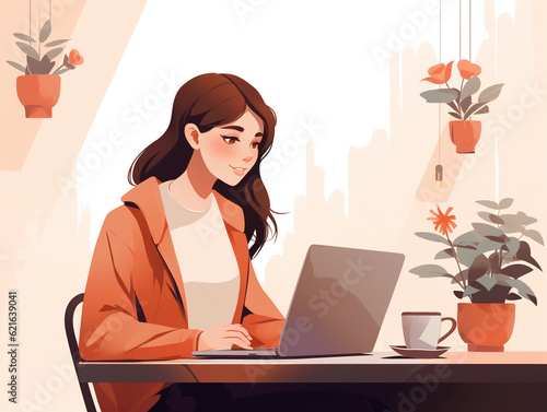 Young woman sitting in cafe and working with laptop