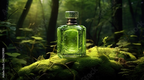 Green perfume bottle on top of moss in the forest. Generative AI