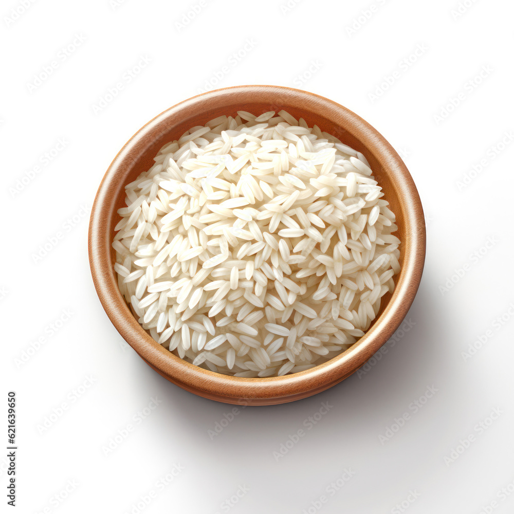 white rice in a clay bowl on a white background .top view. Generative AI white rice in a clay bowl on a white background .top view. Generative AI