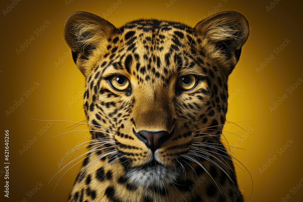 Fototapeta premium Vibrant yellow background featuring a striking leopard. Generative Ai.