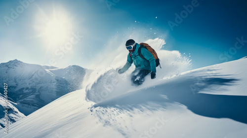 snowboarder slides down on the snowy mountain side on blue sky background. Generative AI