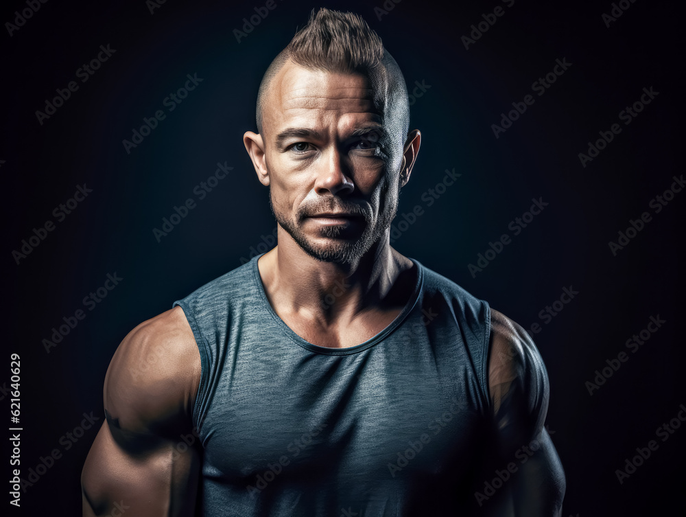 Powerful adult bodybuilder on black background. concept of strength and health. Generative AI Powerful adult bodybuilder on black background. concept of strength and health. Generative AI