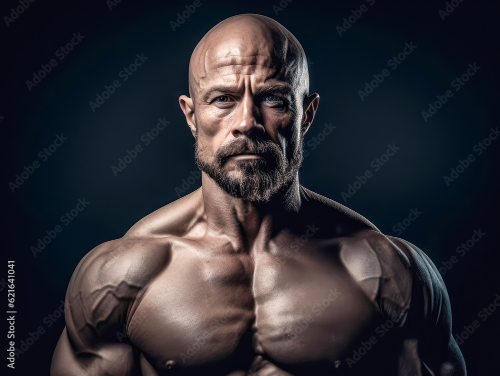 Powerful adult bodybuilder on black background. concept of strength and health. Generative AI Powerful adult bodybuilder on black background. concept of strength and health. Generative AI