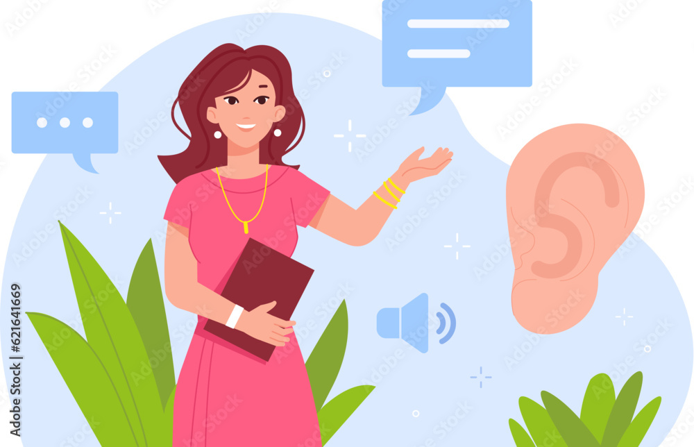 Active listening. Listen skill communication, leader job speaker speech