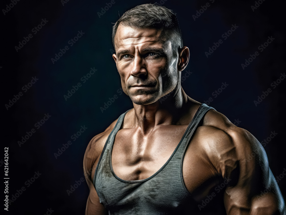 Powerful adult bodybuilder on black background. concept of strength and health. Generative AI