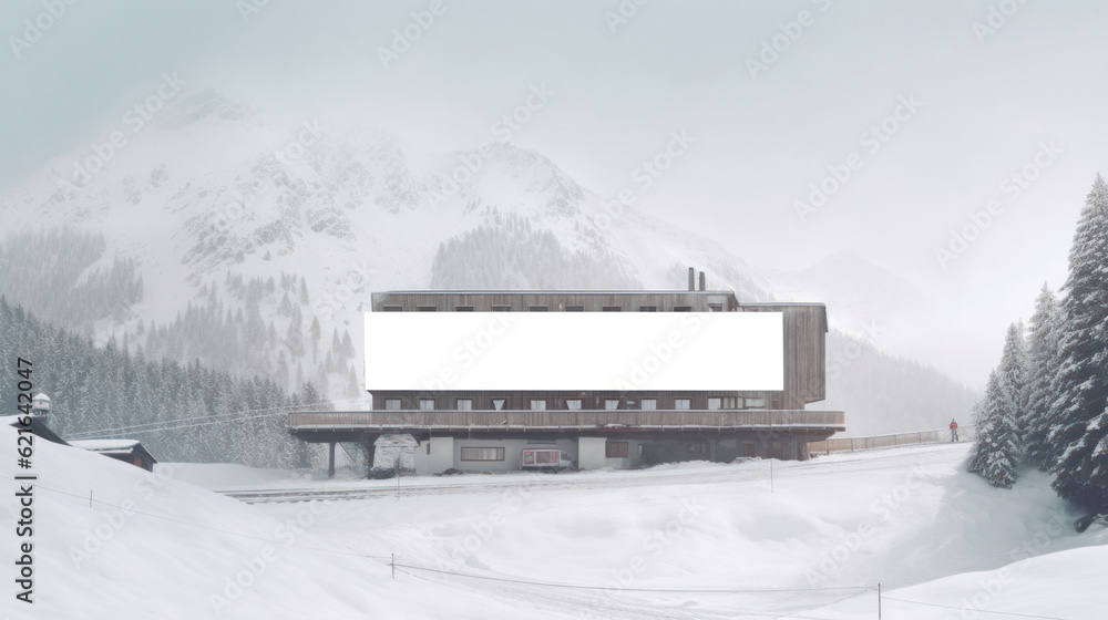 Blank billboard in a ski resort with snowy mountains in the background. Generative AI. Blank billboard in a ski resort with snowy mountains in the background. Generative AI.