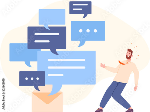 Manychat problem. Confused businessman client overwhelmed many messages bubbles, excess information pressure concept, email spam
