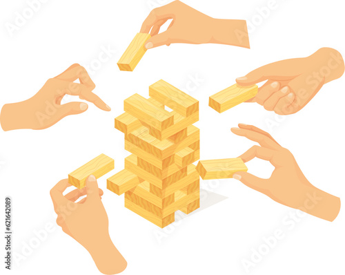 Hands playing tower balance. Jenga game concept, hand stacking wooden brick or wood block of toy towers building construction on table, puzzle risk games neat vector illustration