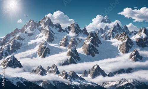 Generative AI landscape with mountains in snow under bright sun