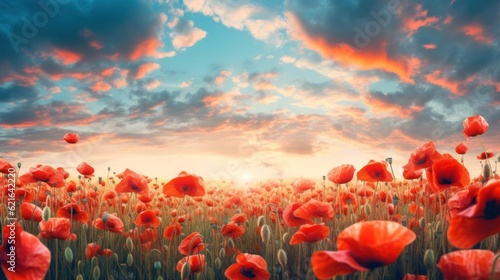 poppy field against the blue sky. Generative AI