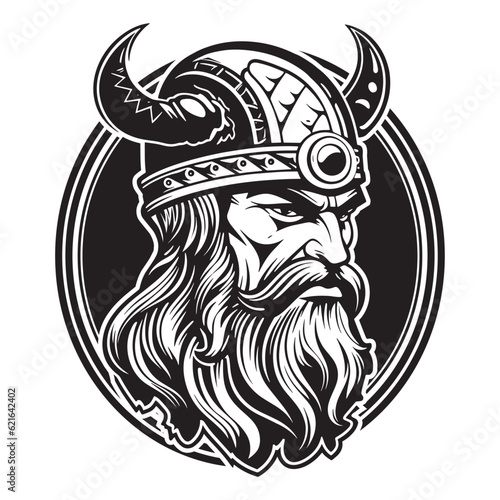 Head of a bearded viking with a formidable face in a helmet with horns isolated on a white background