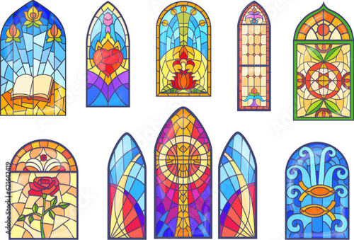 Church stained glass. Stain glasses window of gothic temple or europe cathedral, arc mosaic painted windows with cross roses heart