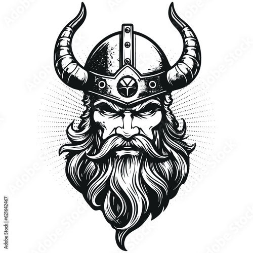 Head of a bearded viking with a formidable face in a helmet with horns isolated on a white background