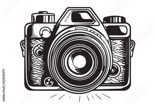 Vector logo of a camera with a lens isolated on a white background.