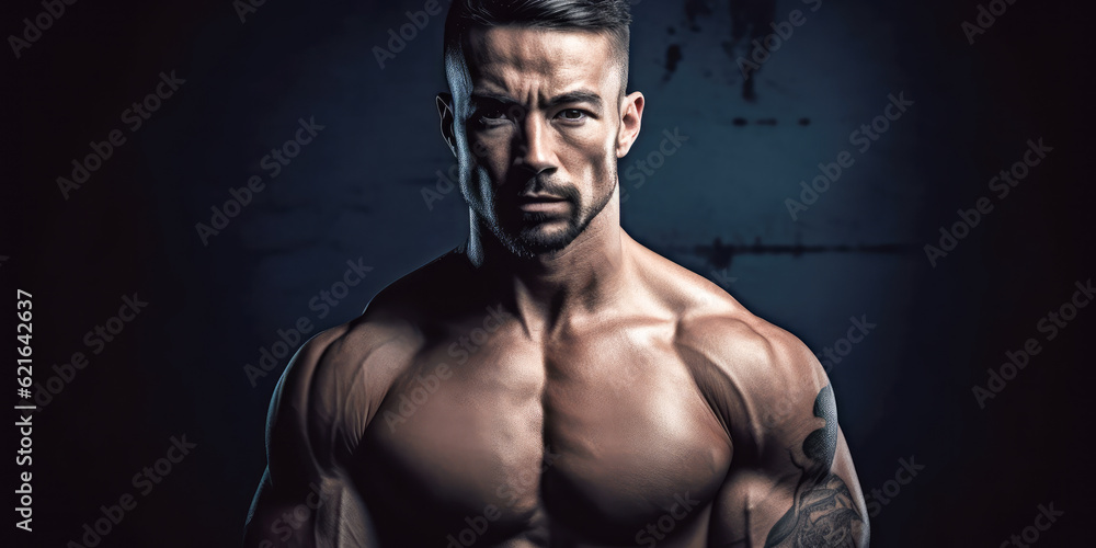 Powerful adult bodybuilder on black background. concept of strength and health. Generative AI